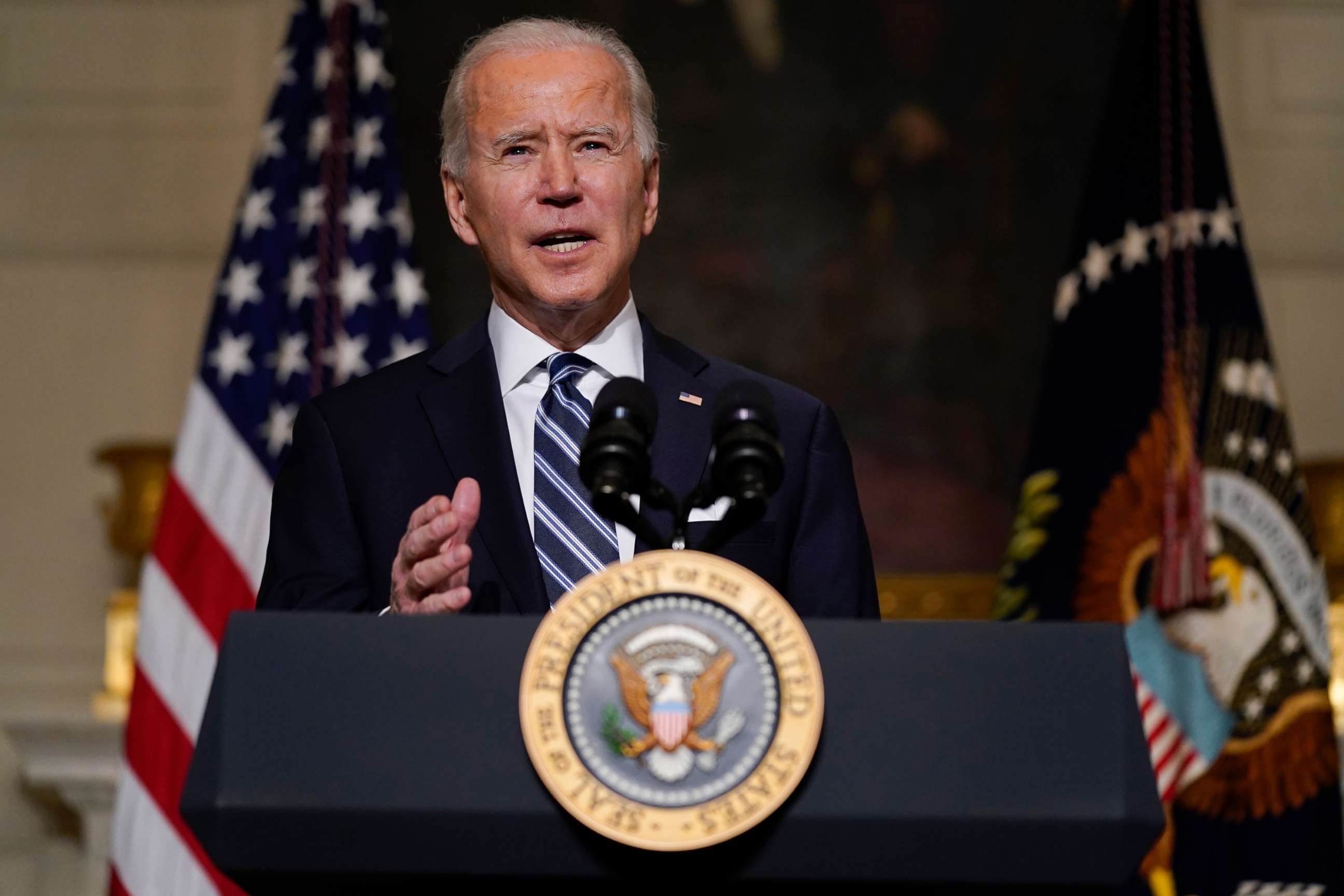 PHOTO: President Joe Biden delivers remarks on climate change and green jobs, in the State Dining Room of the White House, Jan. 27, 2021, in Washington.