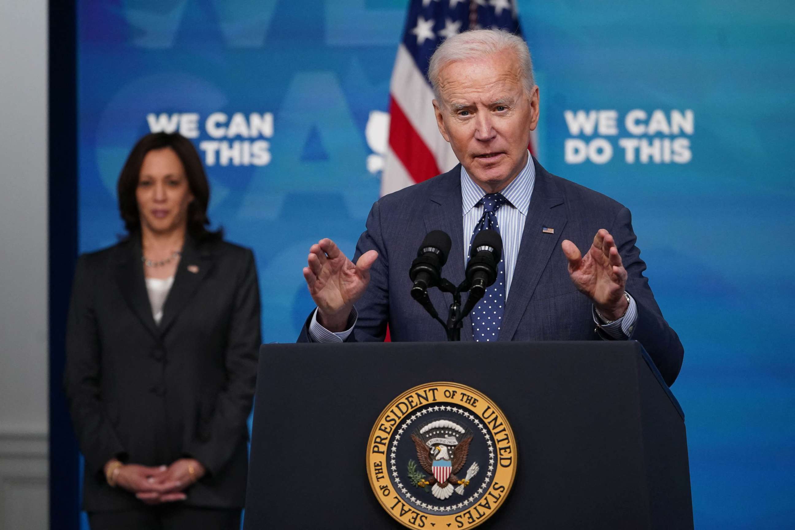 PHOTO: President Joe Biden, with Vice President Kamala Harris, speaks on COVID-19 response and vaccinations in the South Court Auditorium of the Eisenhower Executive Office Building, in Washington, D.C., on June 2, 2021.