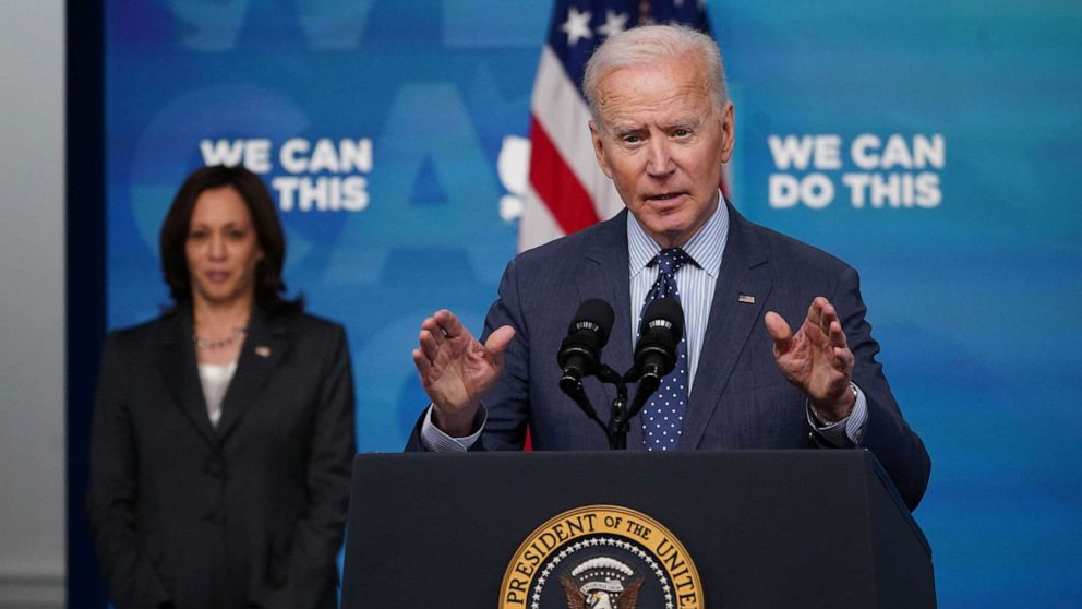 PHOTO: President Joe Biden, with Vice President Kamala Harris, speaks on COVID-19 response and vaccinations in the South Court Auditorium of the Eisenhower Executive Office Building, in Washington, D.C., on June 2, 2021.