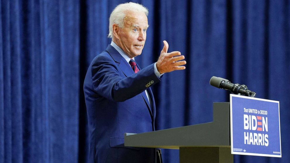 PHOTO: Democratic U.S. presidential nominee Joe Biden answers questions from reporters  during an appearance in Wilmington, Del., Sept. 4, 2020.
