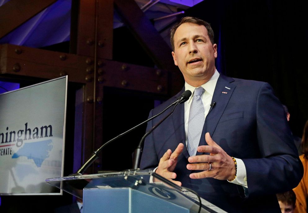 PHOTO: Democratic Senate candidate Cal Cunningham speaks to supporters during a primary election night party in Raleigh, N.C., March 3, 2020. 