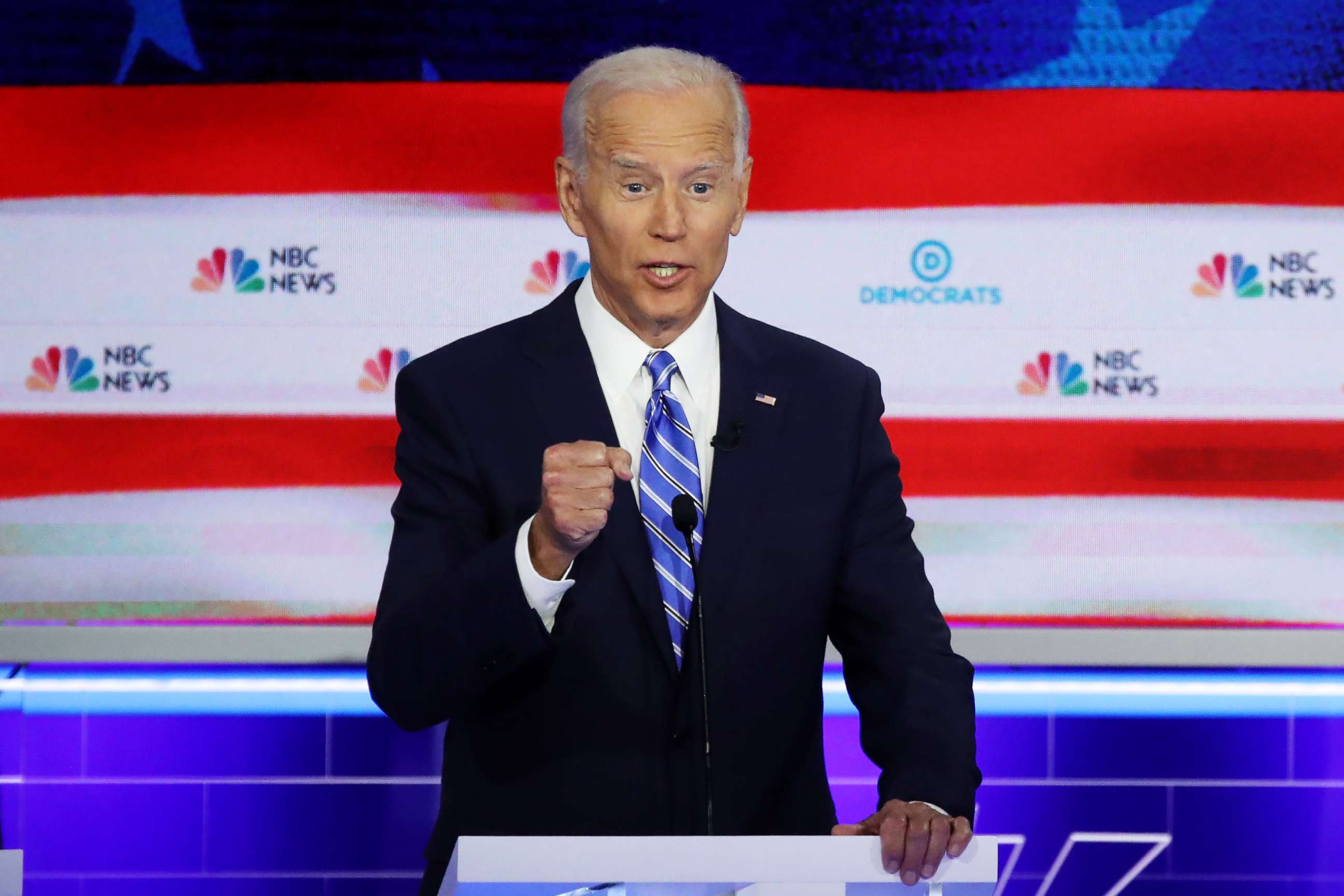 PHOTO: Joe Biden participates in the second night of the first 2020 democratic presidential debate at the Adrienne Arsht Center for the Performing Arts in Miami, June 27, 2019.
