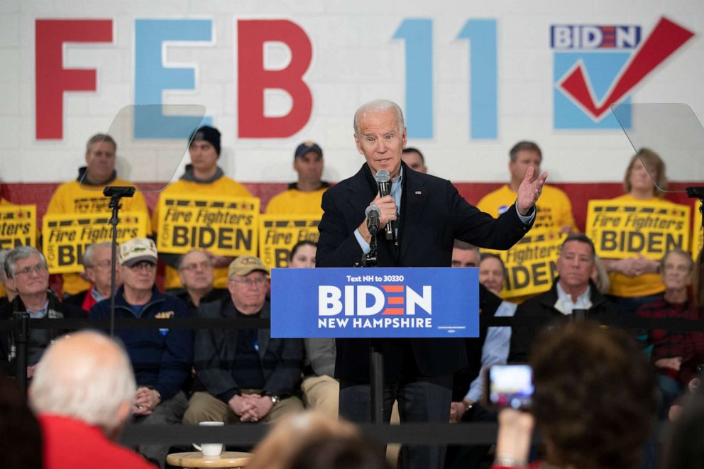 PHOTO: Democratic presidential candidate former Vice President Joe Biden speaks during a campaign rally, Feb. 4, 2020, in Nashua, N.H.
