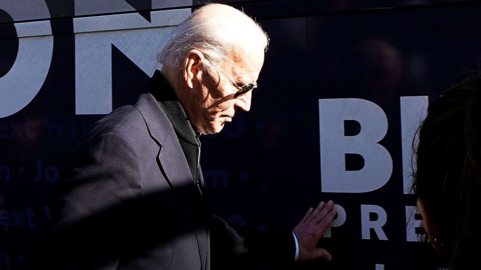 PHOTO: Democratic presidential candidate and former Vice President Joe Biden leaves a campaign event in Somersworth, N.H., Feb. 5, 2020.