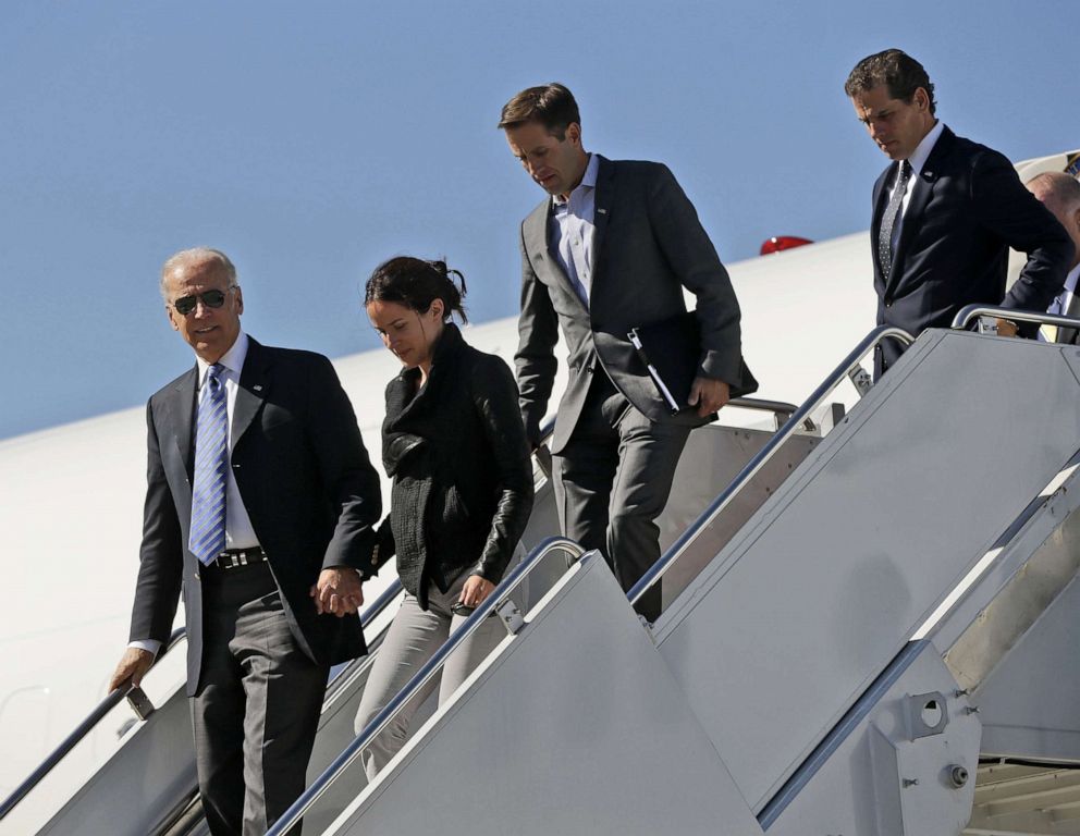 PHOTO: In this file photo, Vice President Joe Biden, left, accompanied by daughter Ashley Biden, and sons Beau Biden and Hunter Biden, walks down the steps of Air Force Two upon their arrival in Lexington, K.Y., on Oct. 11, 2012.