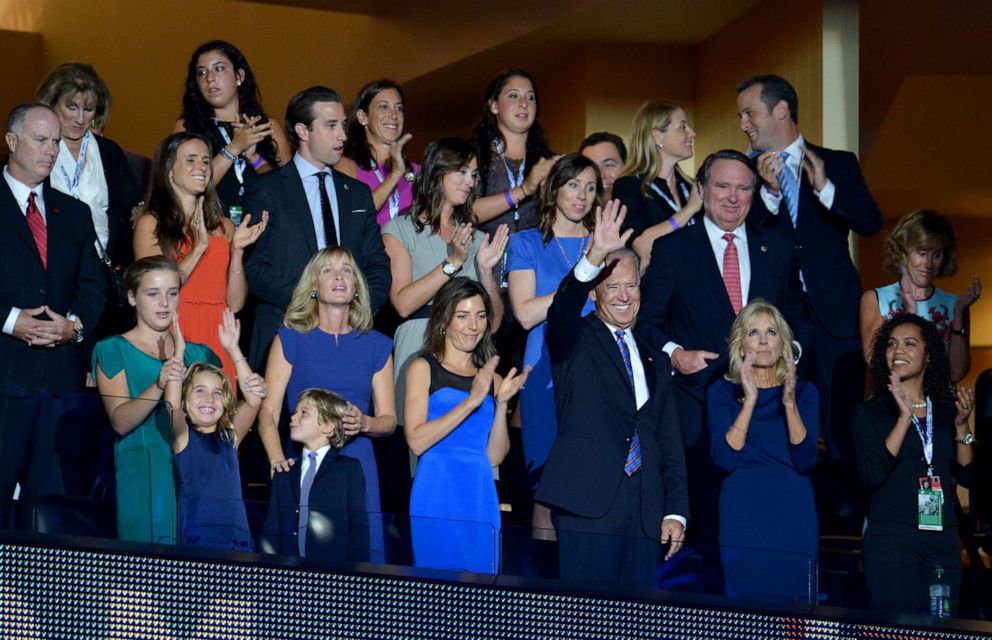 PHOTO: Vice President Joe Biden, flanked by his wife Dr. Jill Biden and family members, acknowledges the audience at the Time Warner Cable Arena in Charlotte, North Carolina, Sept. 6, 2012, on the final day of the Democratic National Convention (DNC).