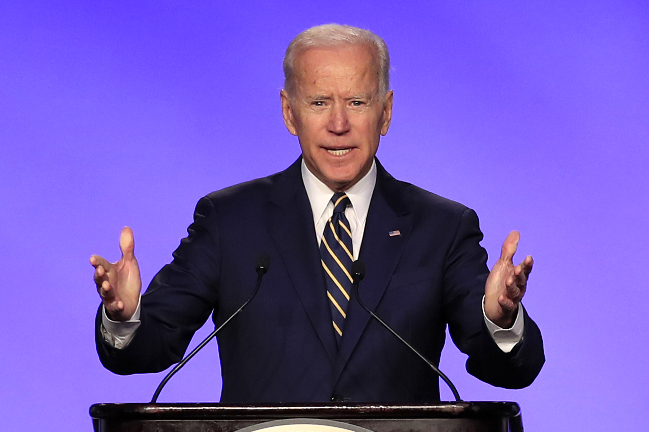 PHOTO: Former Vice President Joe Biden speaks at the International Brotherhood of Electrical Workers construction and maintenance conference in Washington, April 5, 2019.
