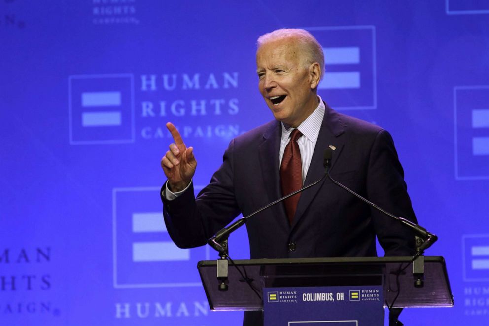 PHOTO: Former Vice President, and democratic presidential candidate Joe Biden speaks during the Human Rights Campaign Columbus, Ohio Dinner at Ohio State University, June 1, 2019.