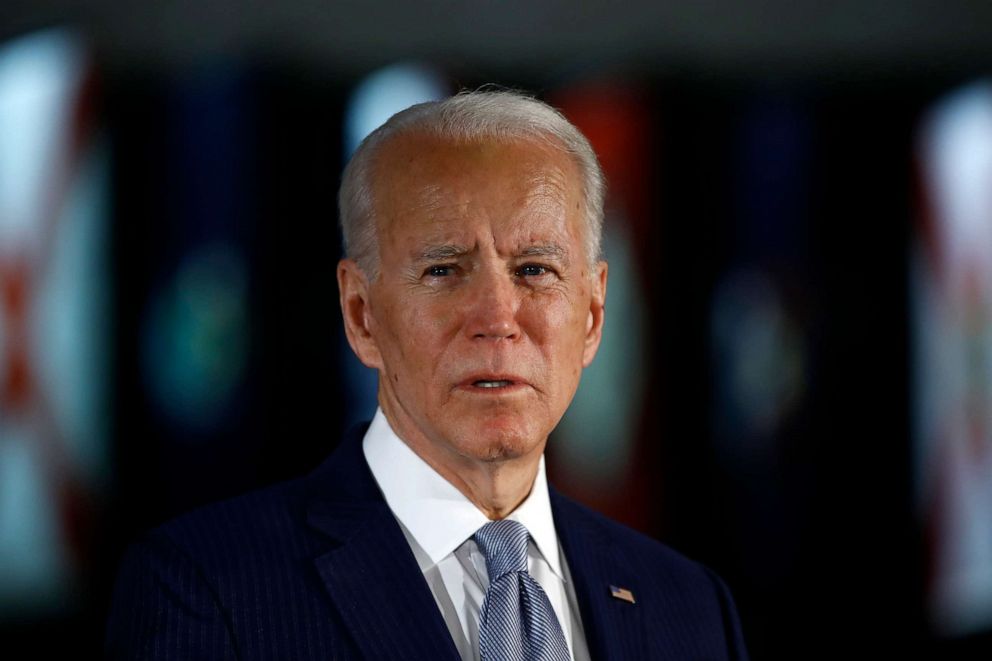 PHOTO: Joe Biden speaks to members of the press at the National Constitution Center in Philadelphia.