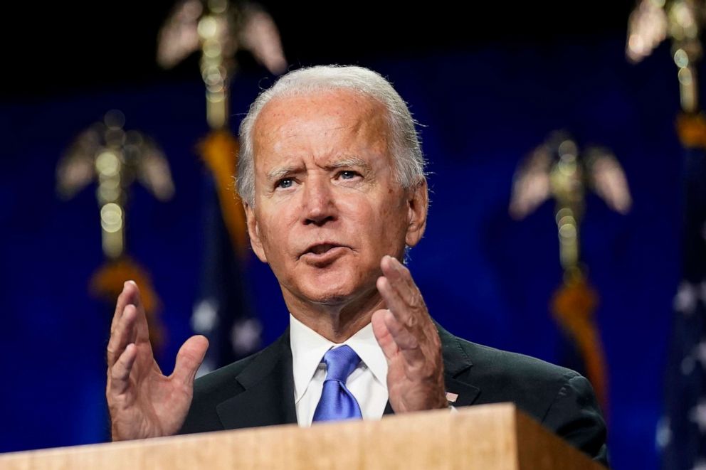 PHOTO: Democratic presidential candidate former Vice President Joe Biden speaks during the fourth day of the Democratic National Convention at the Chase Center in Wilmington, Del., Aug. 20, 2020.