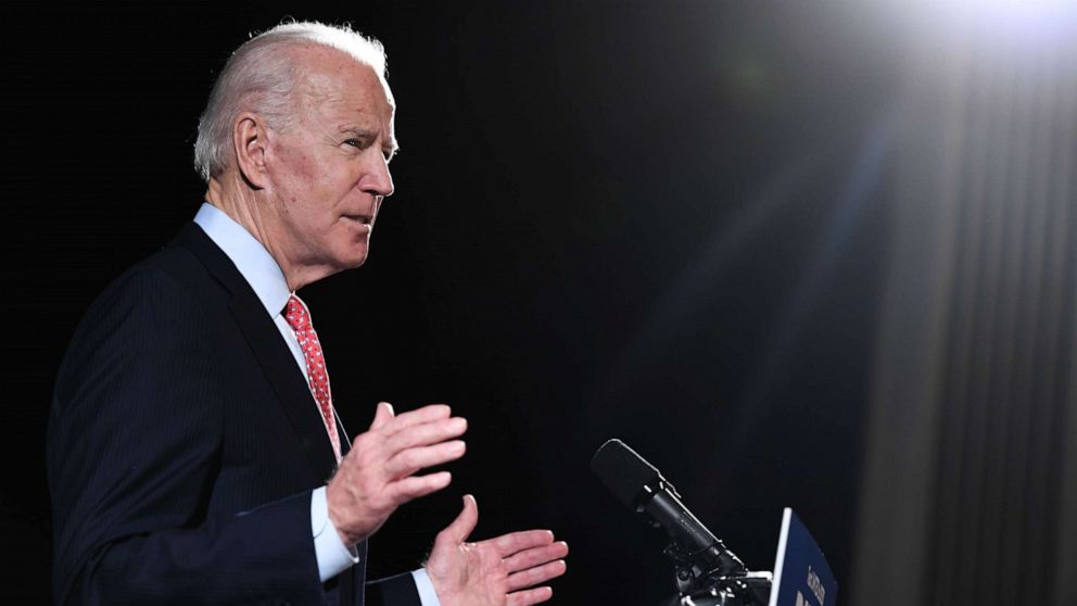 PHOTO: Vice President and democratic presidential hopeful Joe Biden speaks about COVID-19, known as the Coronavirus, during a press event in Wilmington, Delaware, March 12, 2020.
