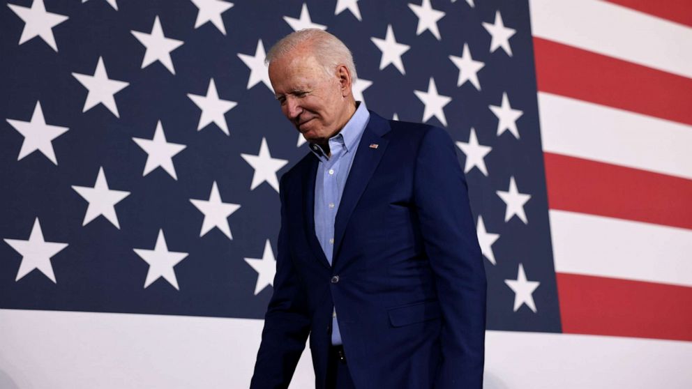 PHOTO: President Joe Biden leaves a campaign event with candidate for Governor of Virginia Terry McAuliffe, at Lubber Run Park in Arlington, Va., July 23, 2021.