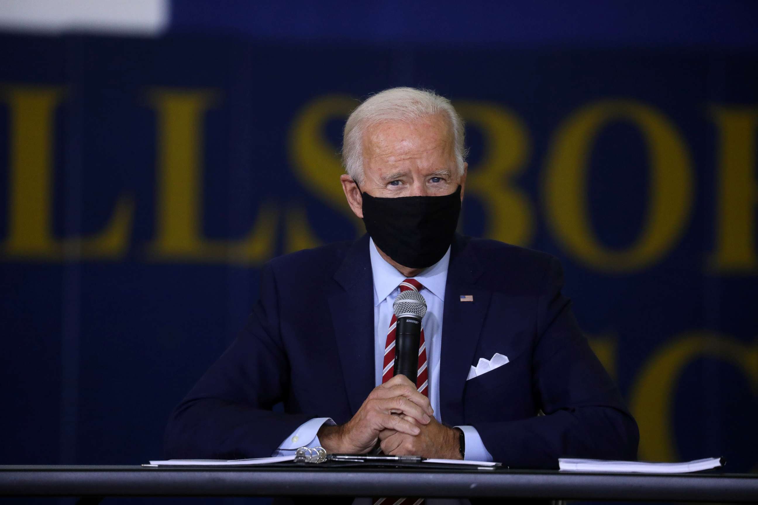 PHOTO: Democratic presidential nominee and former Vice President Joe Biden holds a roundtable discussion with veterans at Hillsborough Community College in Tampa, Florida, Sept. 15, 2020.