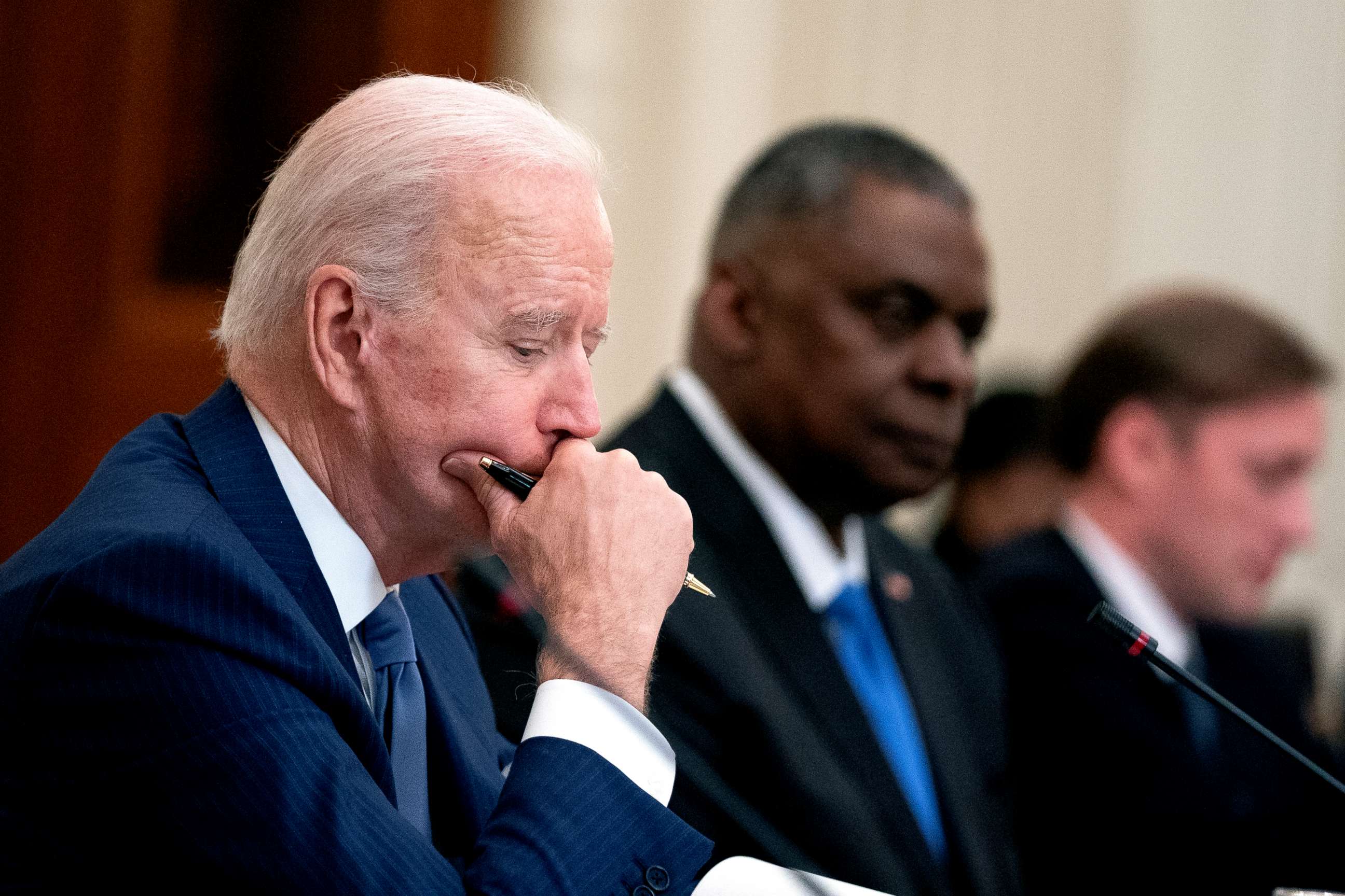 PHOTO: President Joe Biden listens during meeting in the State Dining Room of the White House on May 21, 2021. 