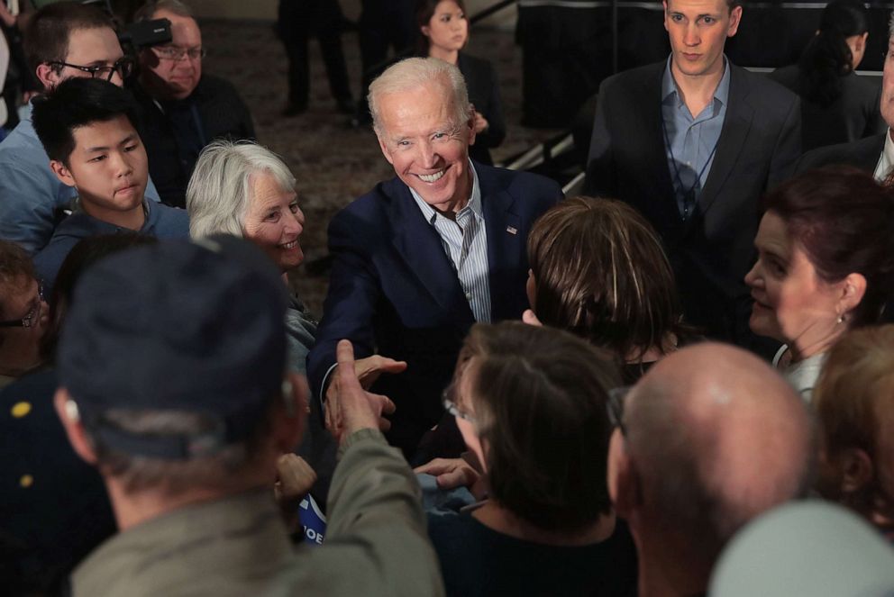 PHOTO: DUBUQUE, IOWA - MAY 01: Democratic presidential candidate and former Vice President Joe Biden greets guests during a campaign event at the Grand River Center on April 30, 2019 in Dubuque, Iowa.