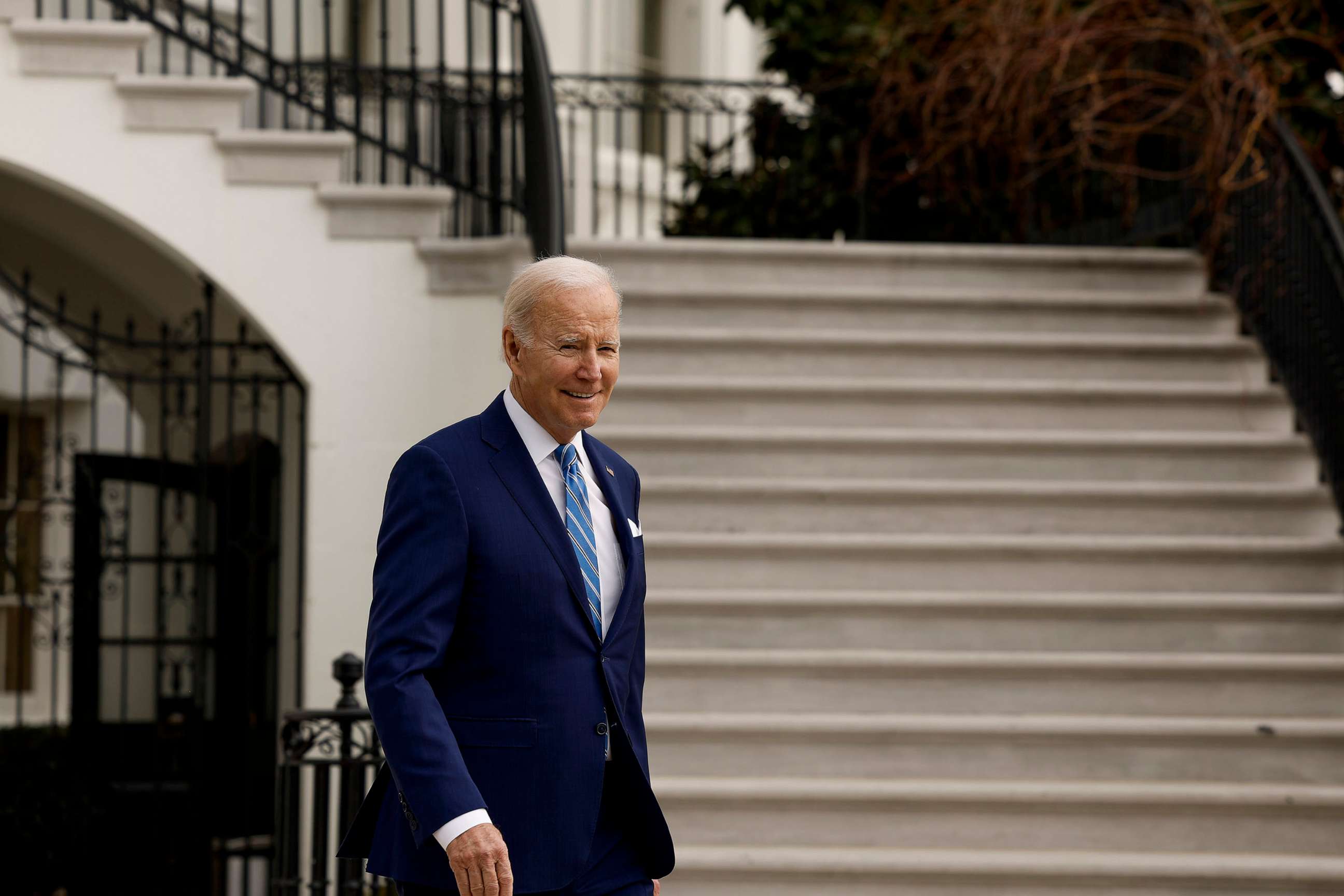 PHOTO: President Joe Biden walks to speak with reporters before boarding Marine One on the South Lawn of the White House, Feb. 9, 2023, in Washington.