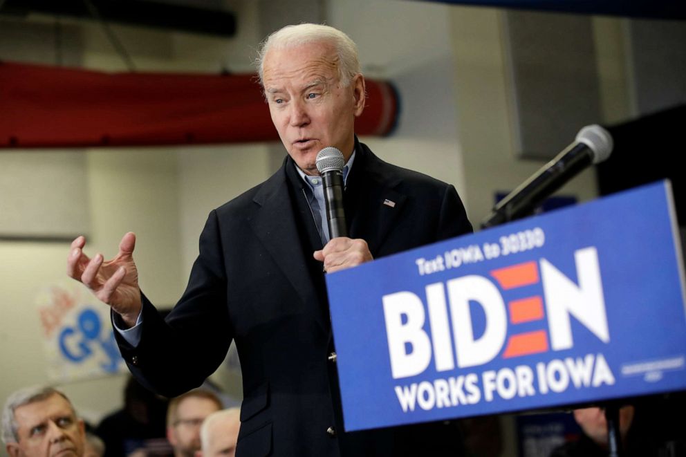 PHOTO: Democratic presidential candidate former Vice President Joe Biden speaks during a campaign event, Jan. 28, 2020, in Muscatine, Iowa.