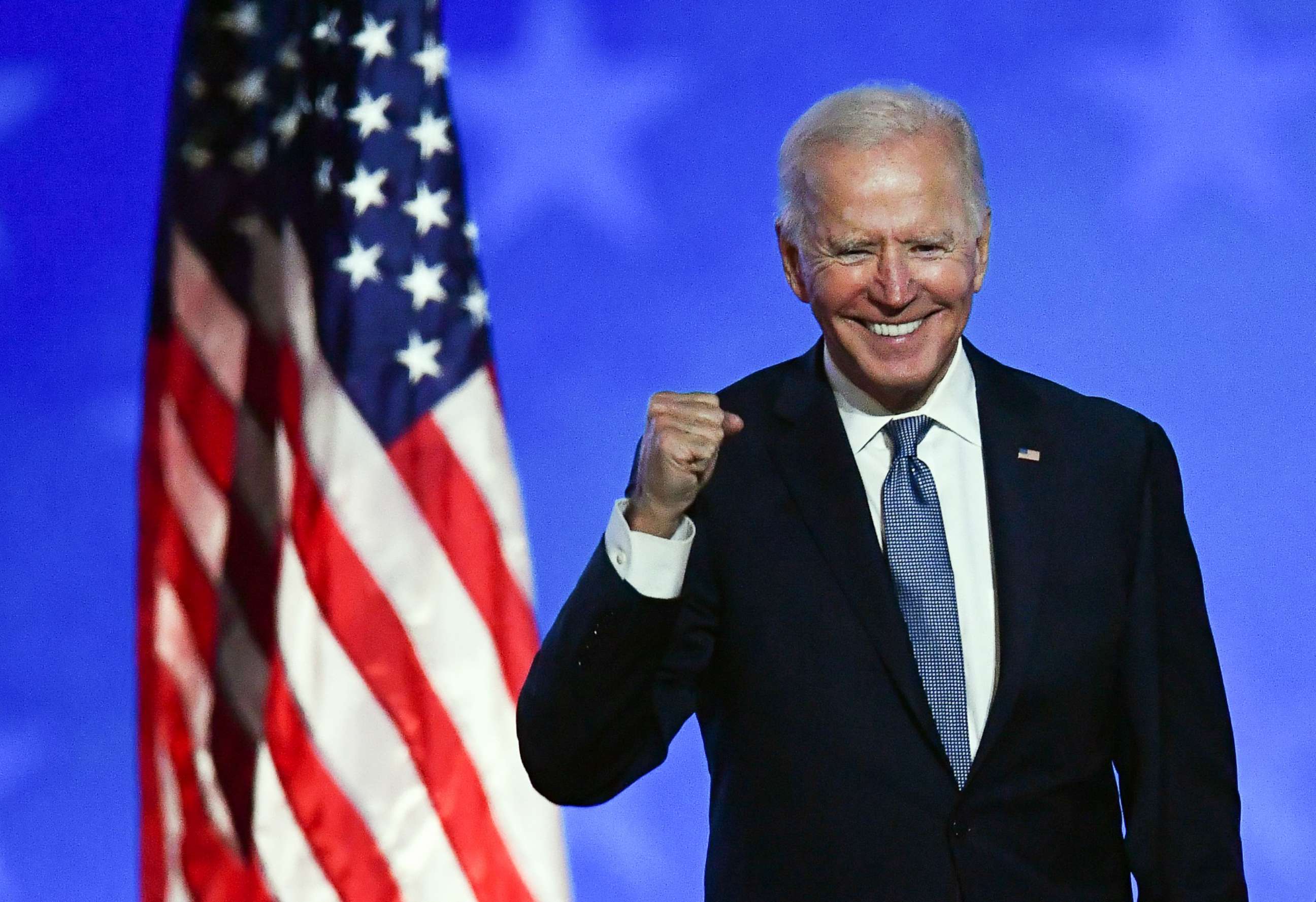 PHOTO: Democratic presidential nominee Joe Biden gestures after speaking during election night at the Chase Center in Wilmington, Del., early on Nov. 4, 2020.
