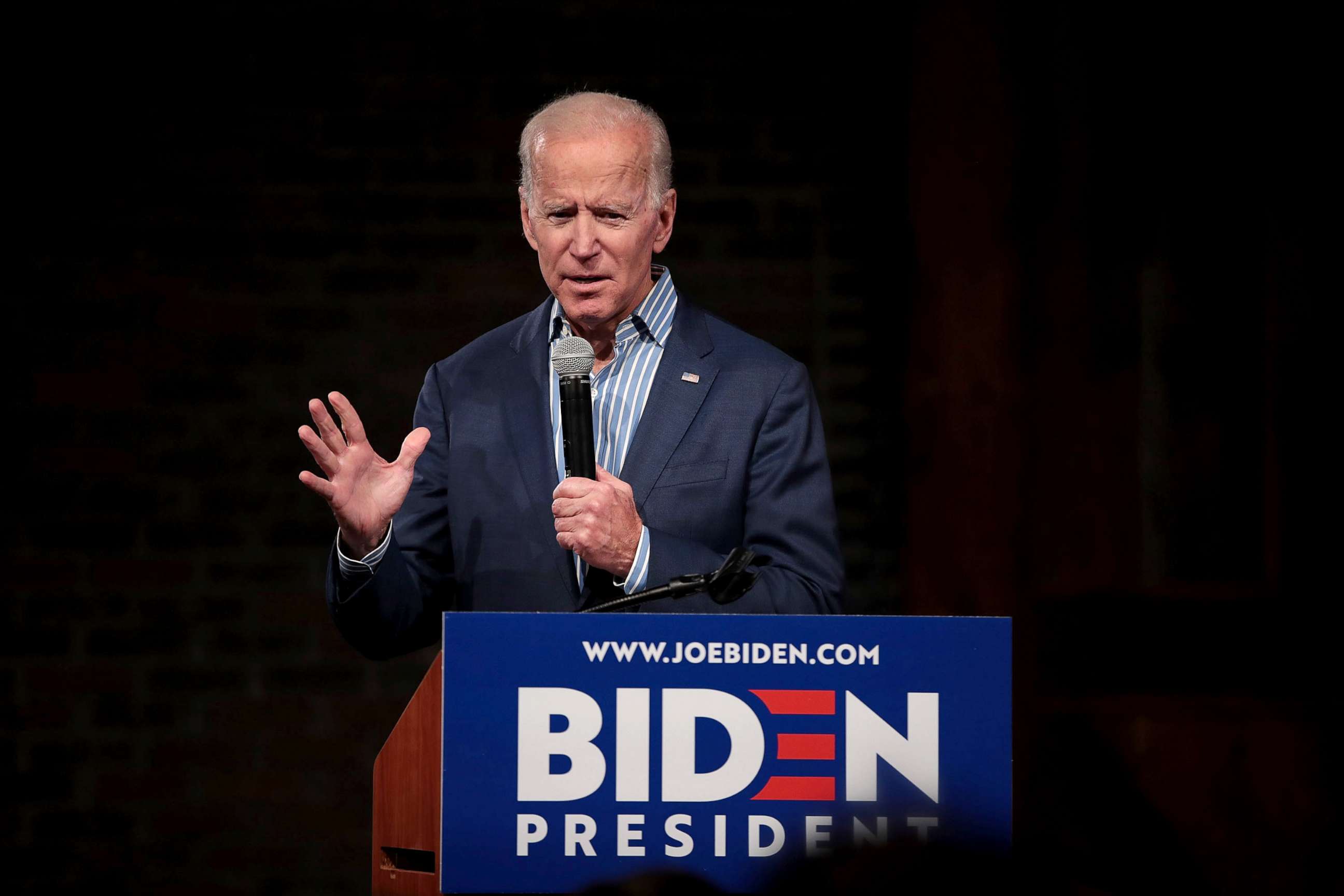 PHOTO: Democratic presidential candidate and former vice president Joe Biden speaks to guests during a campaign event at The River Center, May 1, 2019, in Des Moines, Iowa.