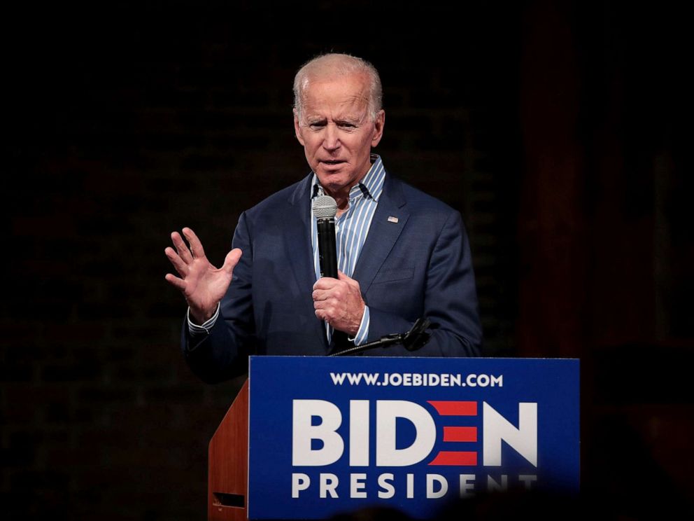 PHOTO: Democratic presidential candidate and former vice president Joe Biden speaks to guests during a campaign event at The River Center, May 1, 2019, in Des Moines, Iowa.