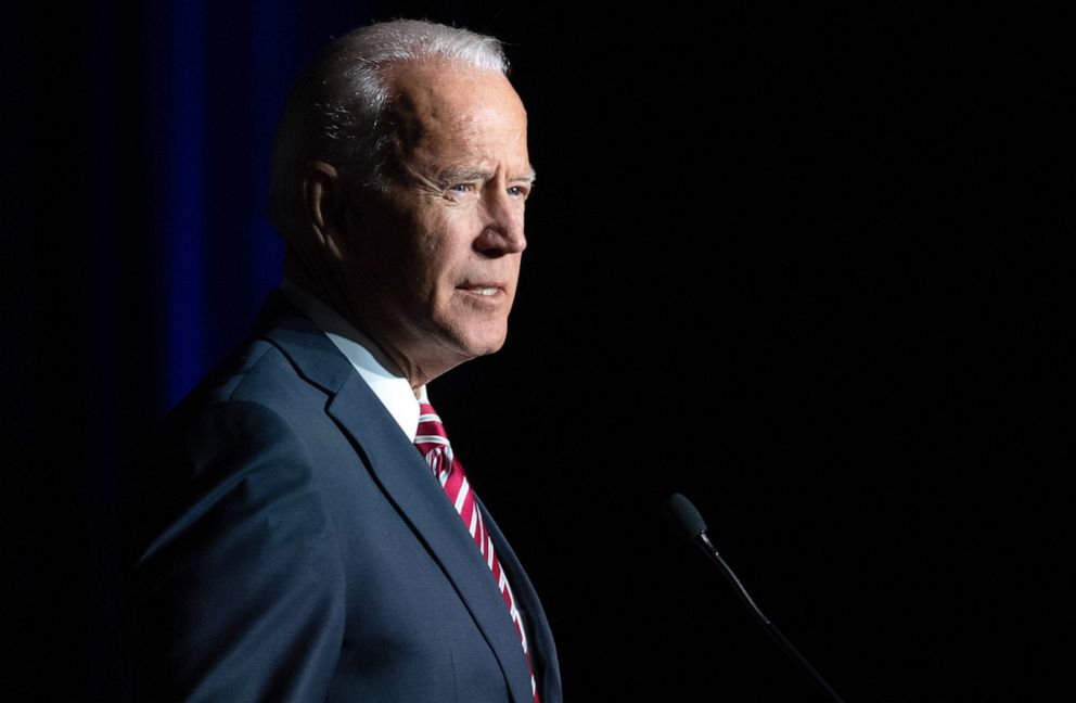 PHOTO: Former Vice President Joe Biden speaks during the First State Democratic Dinner in Dover, Delaware, March 16, 2019.