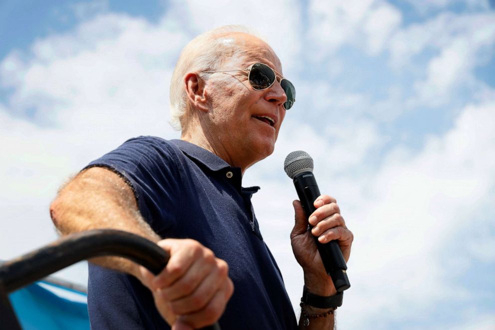 PHOTO: Democratic presidential candidate former Vice President Joe Biden speaks at the Des Moines Register Soapbox during a visit to the Iowa State Fair, Aug. 8, 2019, in Des Moines, Iowa.