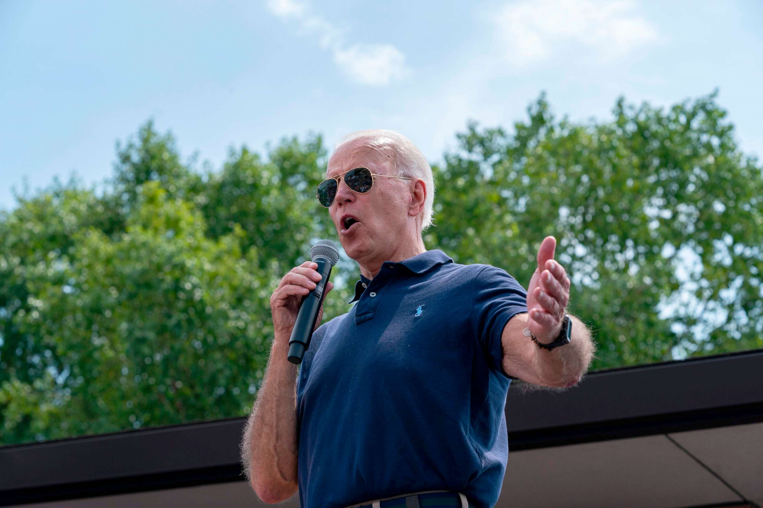 PHOTO: Democratic presidential hopeful former Vice President Joe Biden speaks at the Des Moines Register Political Soapbox during a visit to the Iowa State Fair in Des Moines, Iowa.