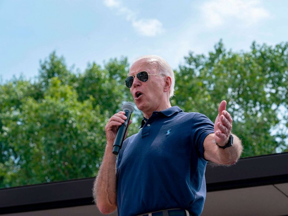 PHOTO: Democratic presidential hopeful former Vice President Joe Biden speaks at the Des Moines Register Political Soapbox during a visit to the Iowa State Fair in Des Moines, Iowa.