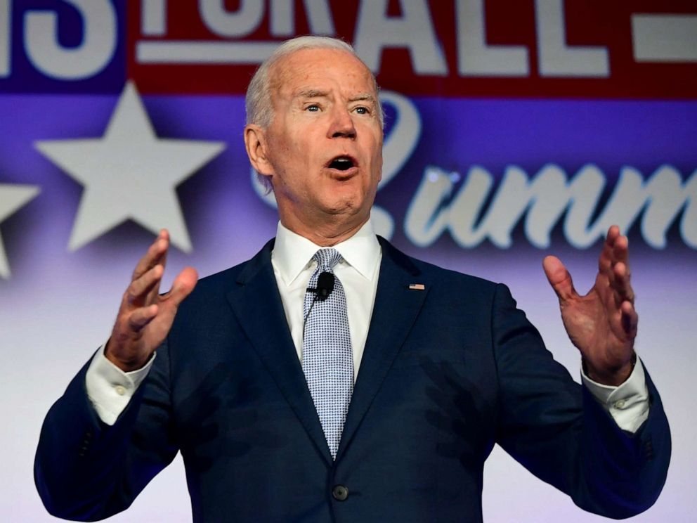PHOTO: Former Vice President and Democratic presidential hopeful Joe Biden speaks at the SEIU Unions for All Summit in Los Angeles, Oct. 4, 2019.