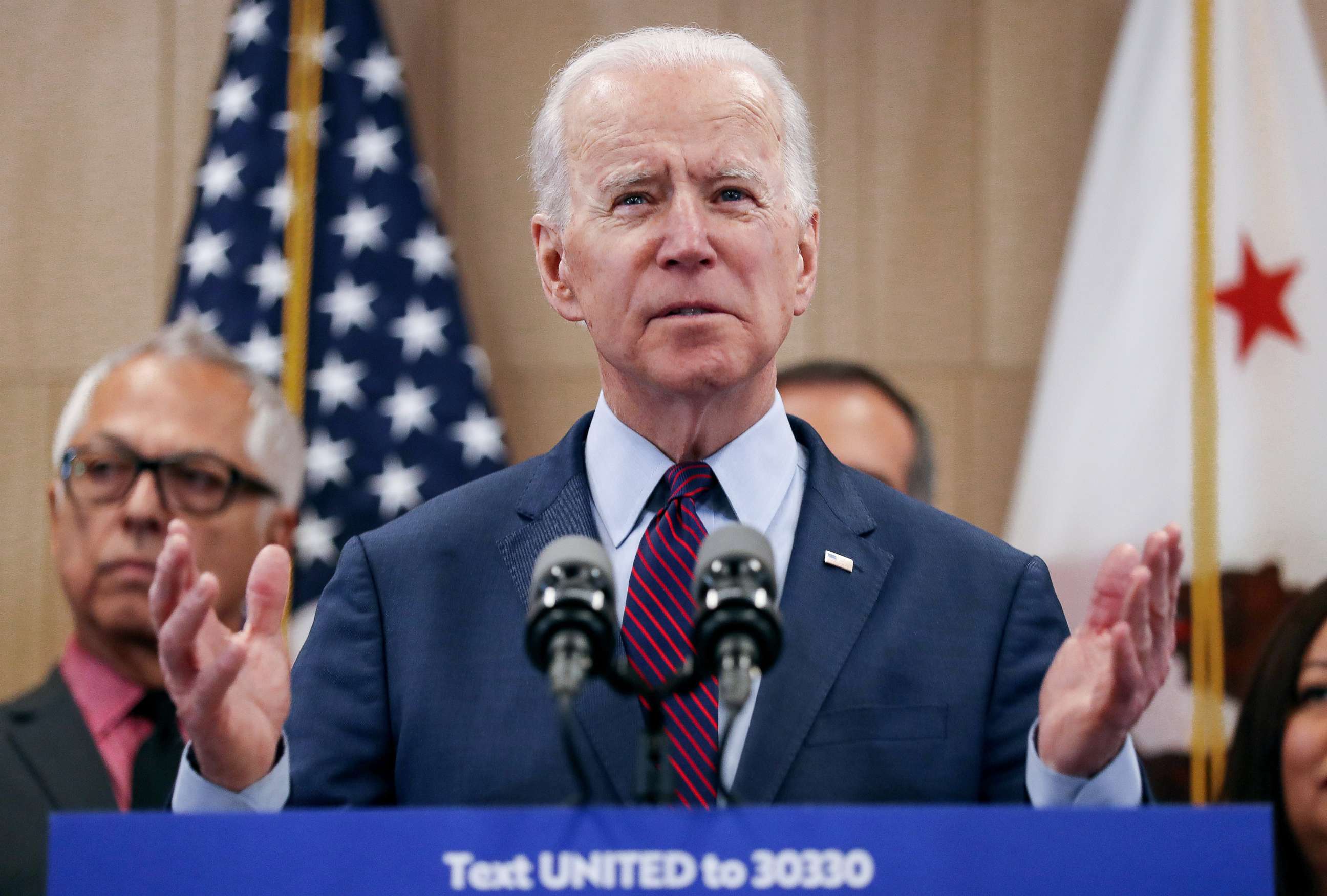 PHOTO: Democratic presidential candidate former Vice President Joe Biden speaks while standing with supporters at a campaign event at the W Los Angeles hotel, March 4, 2020, in Los Angeles.