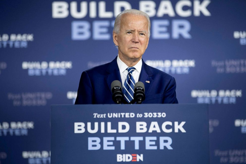 PHOTO: Democratic presidential candidate Joe Biden speaks about on the third plank of his Build Back Better economic recovery plan for working families, July 21, 2020, in New Castle, Delaware.