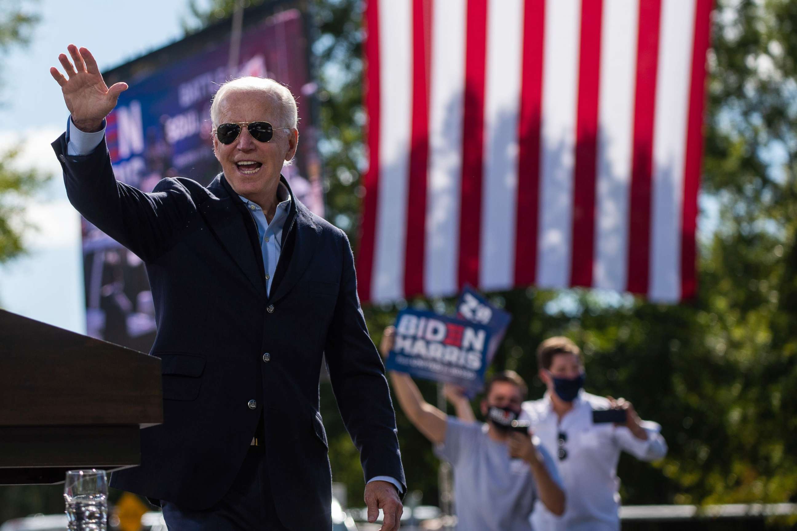 PHOTO: Democratic presidential nominee and former Vice President Joe Biden waves to sympathizers at the end of his speech at the Riverside High School in Durham, North Carolina during a campaign stop, Oct. 18, 2020.
