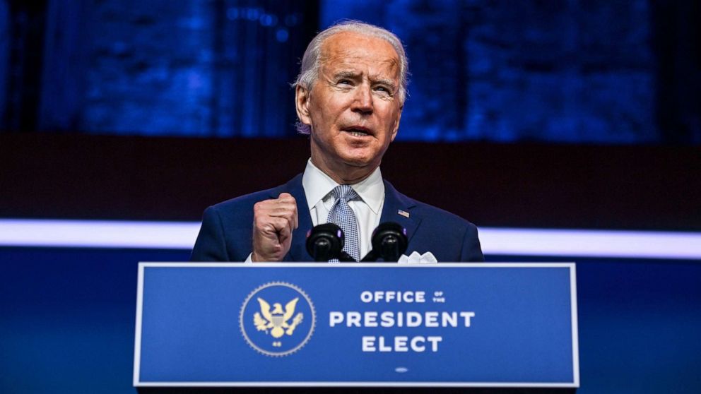 PHOTO: President-elect Joe Biden speaks during a cabinet announcement event in Wilmington, Delaware, Nov. 24, 2020.