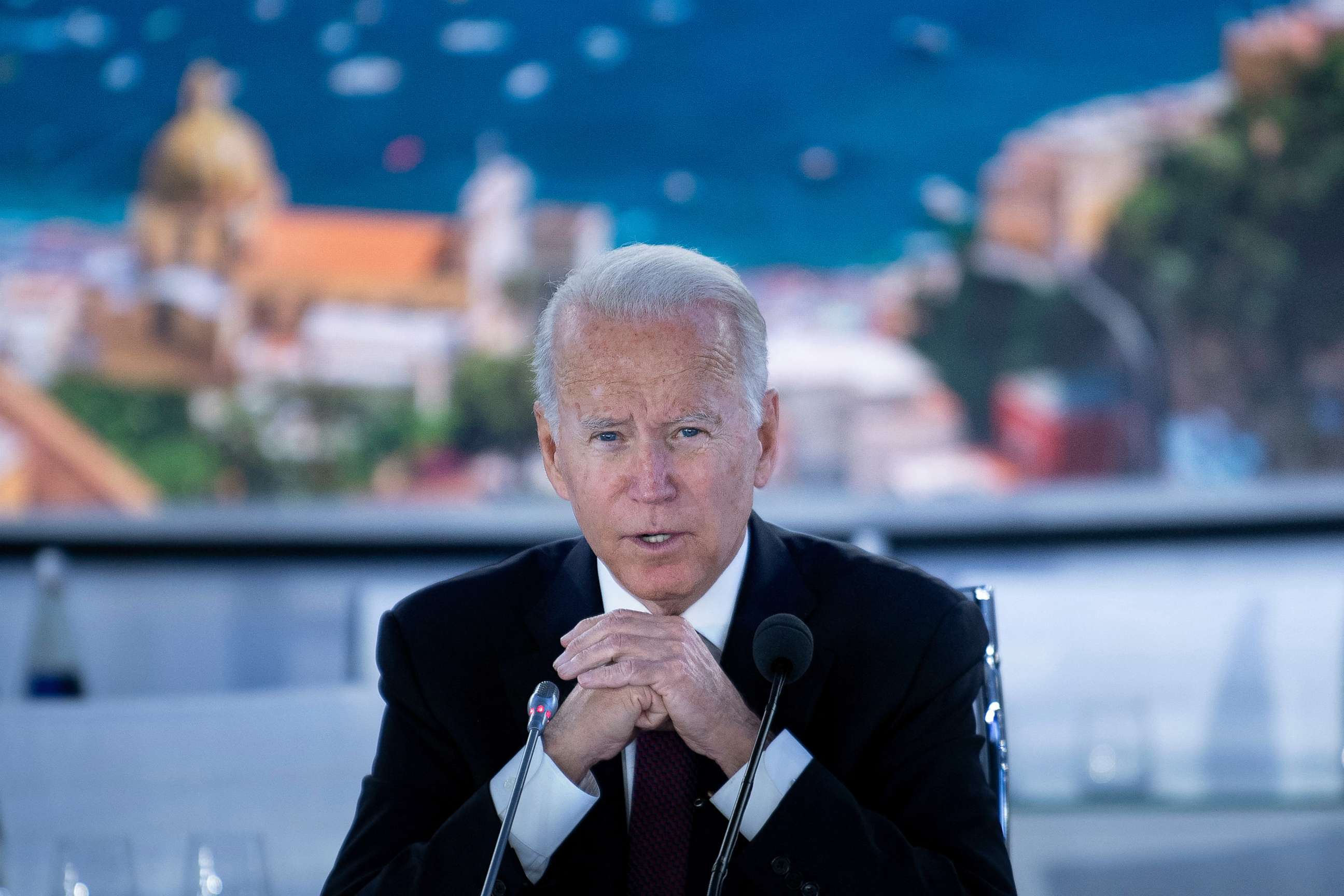 PHOTO: President Joe Biden speaks at the beginning of a meeting about the global supply chain, during the G20 Summit at the Roma Convention Center La Nuvola, Oct. 31, 2021, in Rome, Italy.