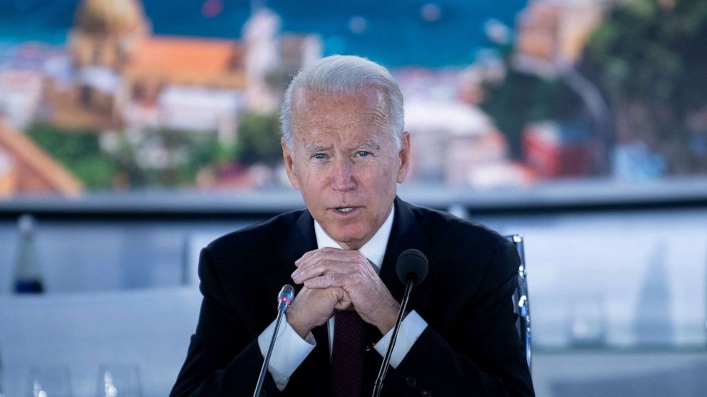 PHOTO: President Joe Biden speaks at the beginning of a meeting about the global supply chain, during the G20 Summit at the Roma Convention Center La Nuvola, Oct. 31, 2021, in Rome, Italy.