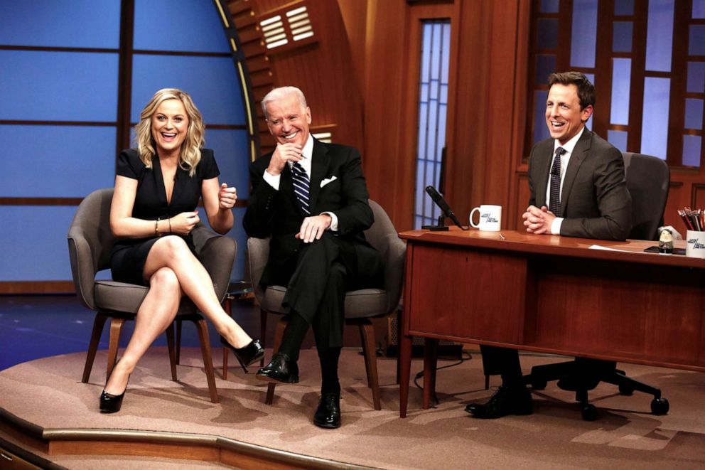 PHOTO: Actress Amy Poehler and Vice President Joe Biden during an interview with host Seth Meyers on Feb. 24, 2014.