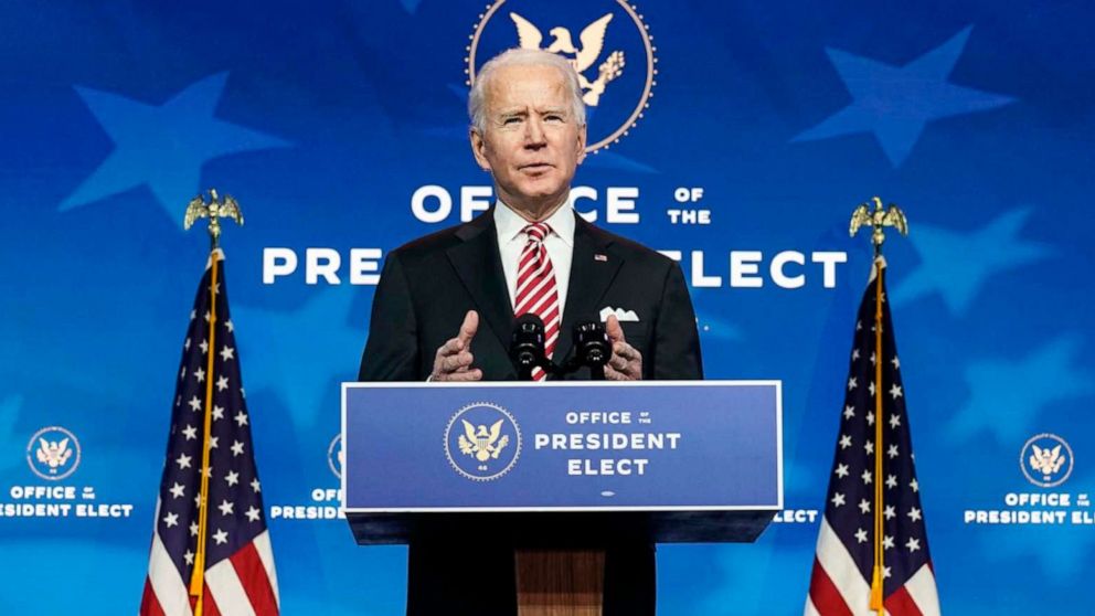 PHOTO: President-Elect Joe Biden speaks at a press conference on Dec. 23, 2020, in Wilmington, Del.