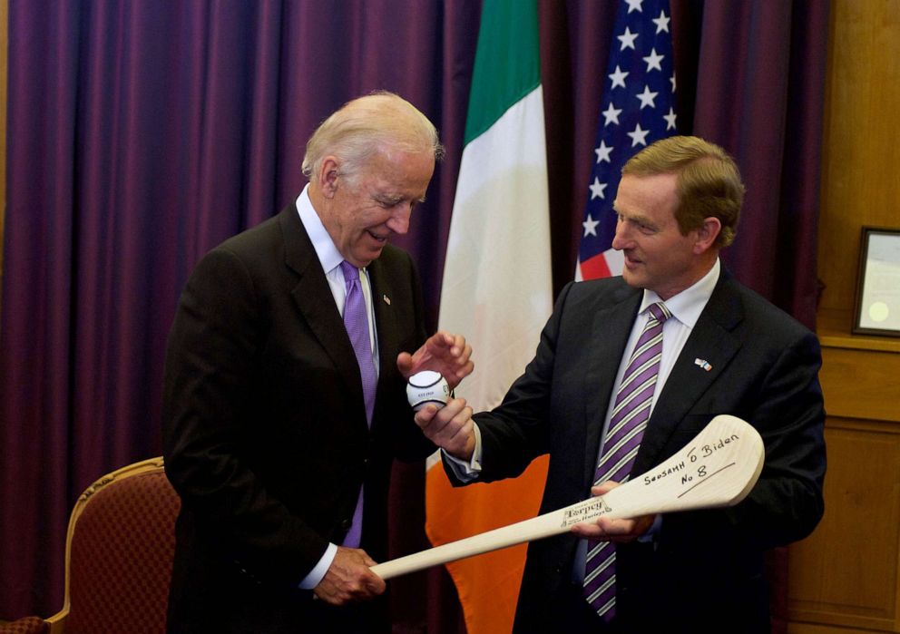 PHOTO: FILE - US Vice President Joe Biden receives an hurl as welcome gift from Irish Prime Minister Enda Kenny during a welcome ceremony at the Government Buildings in Dublin, June 21, 2016.