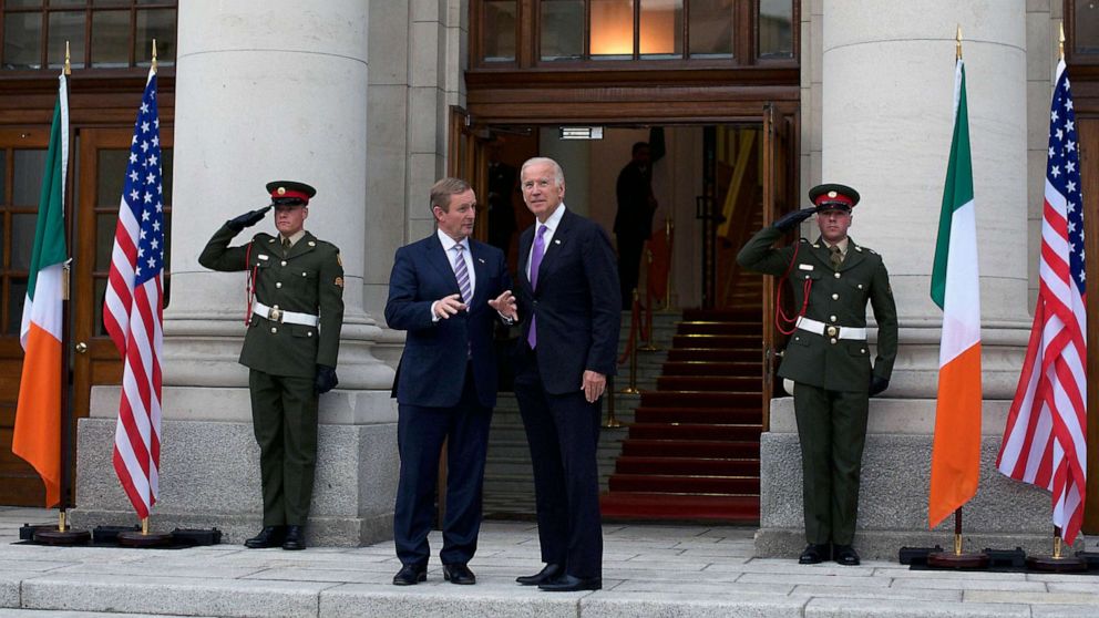 PHOTO: FILE - US Vice President Joe Biden and Irish Prime Minister Enda Kenny greet journalists on arrival at the Government Buildings in Dublin, June 21, 2016.