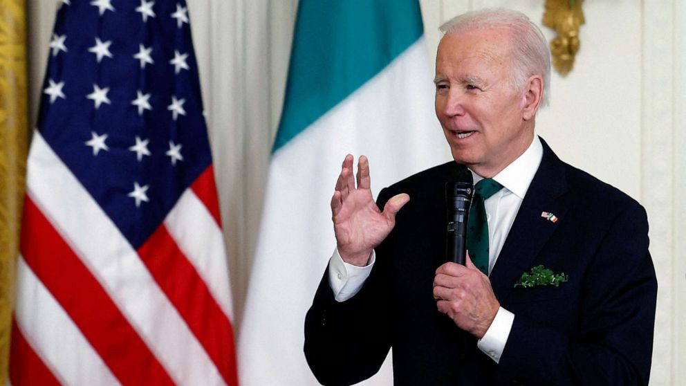 PHOTO: FILE - President Joe Biden speaks as he hosts H.E. Leo Varadkar, Taoiseach of Ireland, for a Shamrock presentation and reception in the East Room of the White House in Washington, March 17, 2023.