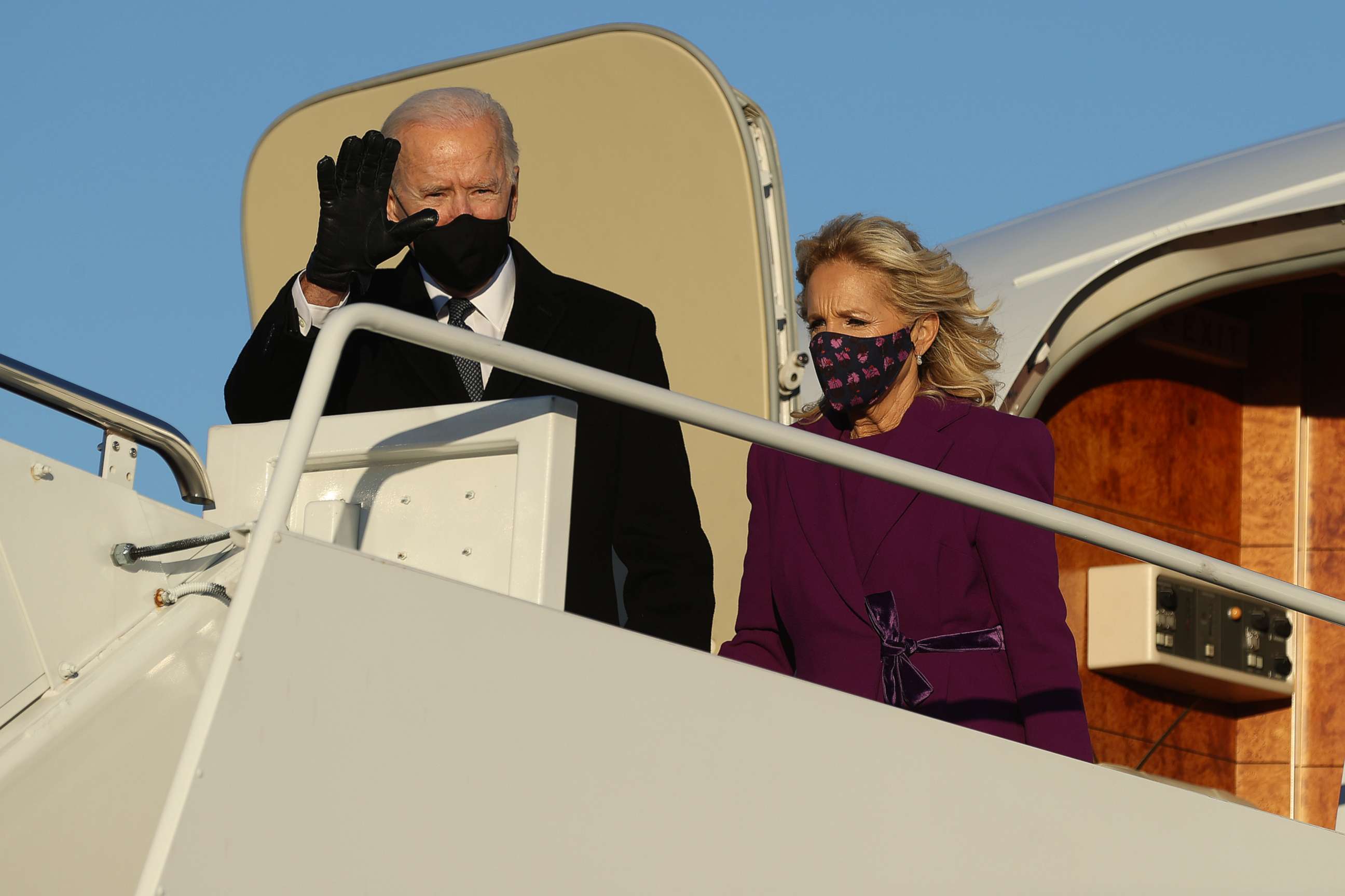 PHOTO: U.S. President-elect Joe Biden and his wife, Dr. Jill Biden, step off their airplane after arriving at Joint Base Andrews in Prince George's County, Maryland, on Jan. 19, 2021, the day before his inauguration.
