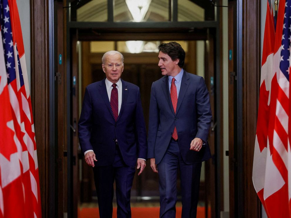 PHOTO: U.S. President Joe Biden walks with Canadian Prime Minister Justin Trudeau on Parliament Hill, March 24, 2023, in Ottawa, Ontario, Canada.