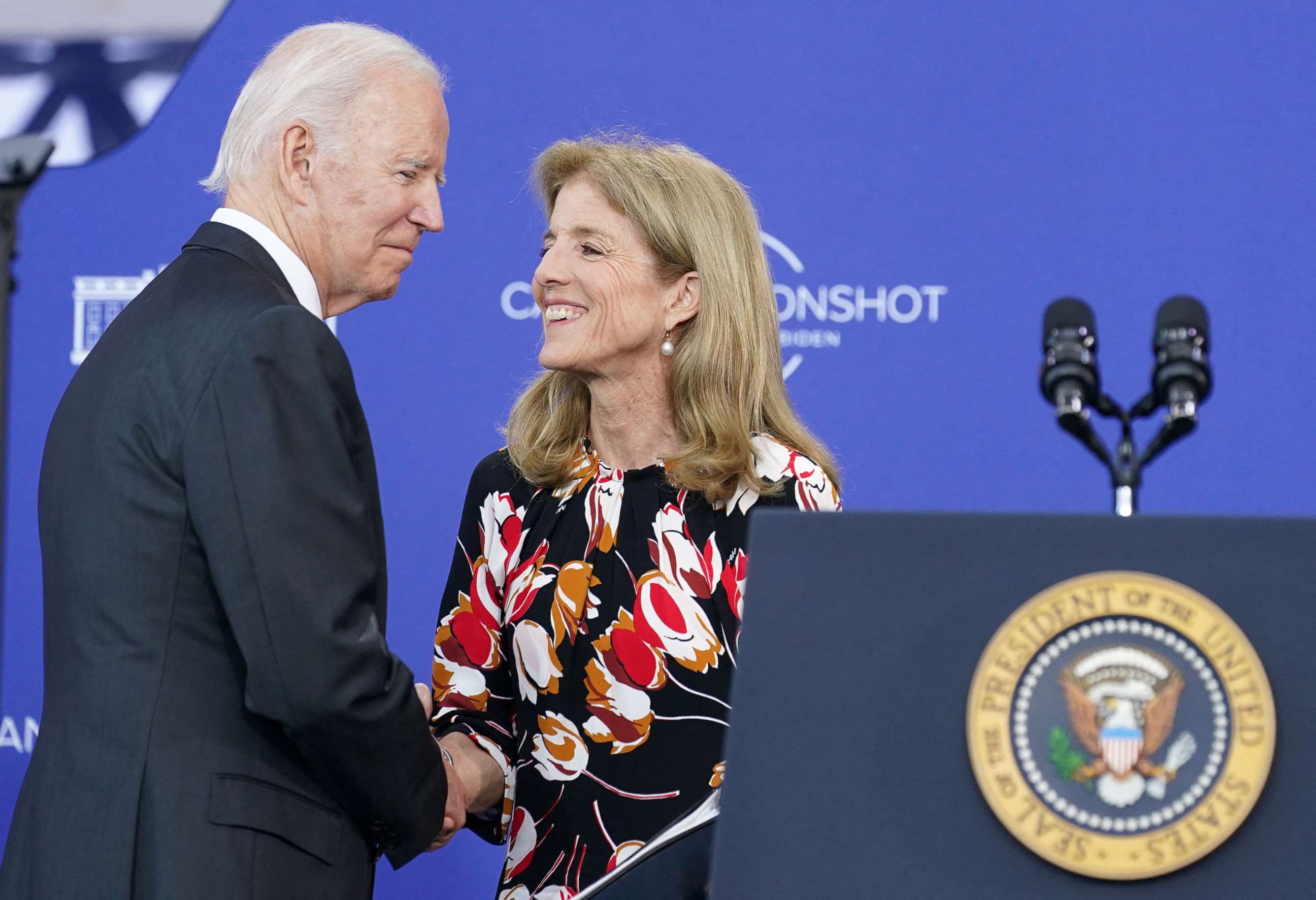 PHOTO: President Joe Biden is greeted by President John F. Kennedy's daughter Caroline Kennedy as he arrives to deliver a speech on his "Cancer Moonshot" initiative at the John F. Kennedy Library and Museum in Boston, Sept. 12, 2022. 