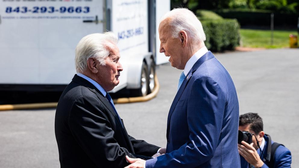 PHOTO: President Joe Biden shakes hands with actor Martin Sheen as he departs the White House, in Washington, D.C., Aug. 15, 2024.