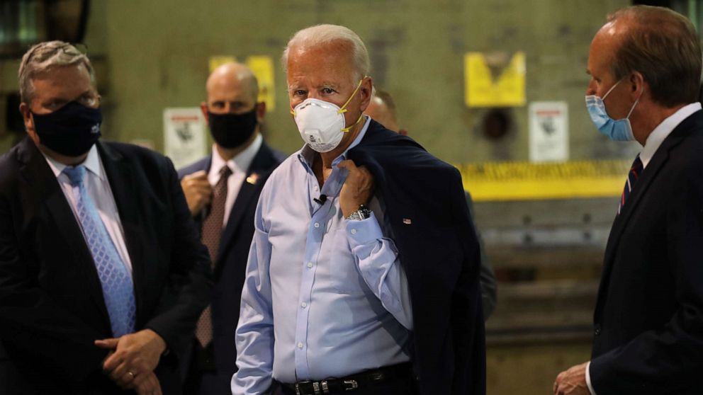 PHOTO: Presumptive Democratic presidential nominee Joe Biden tours McGregor Industries with owner Robert McGregor on July 09, 2020 in Dunmore, Pa.