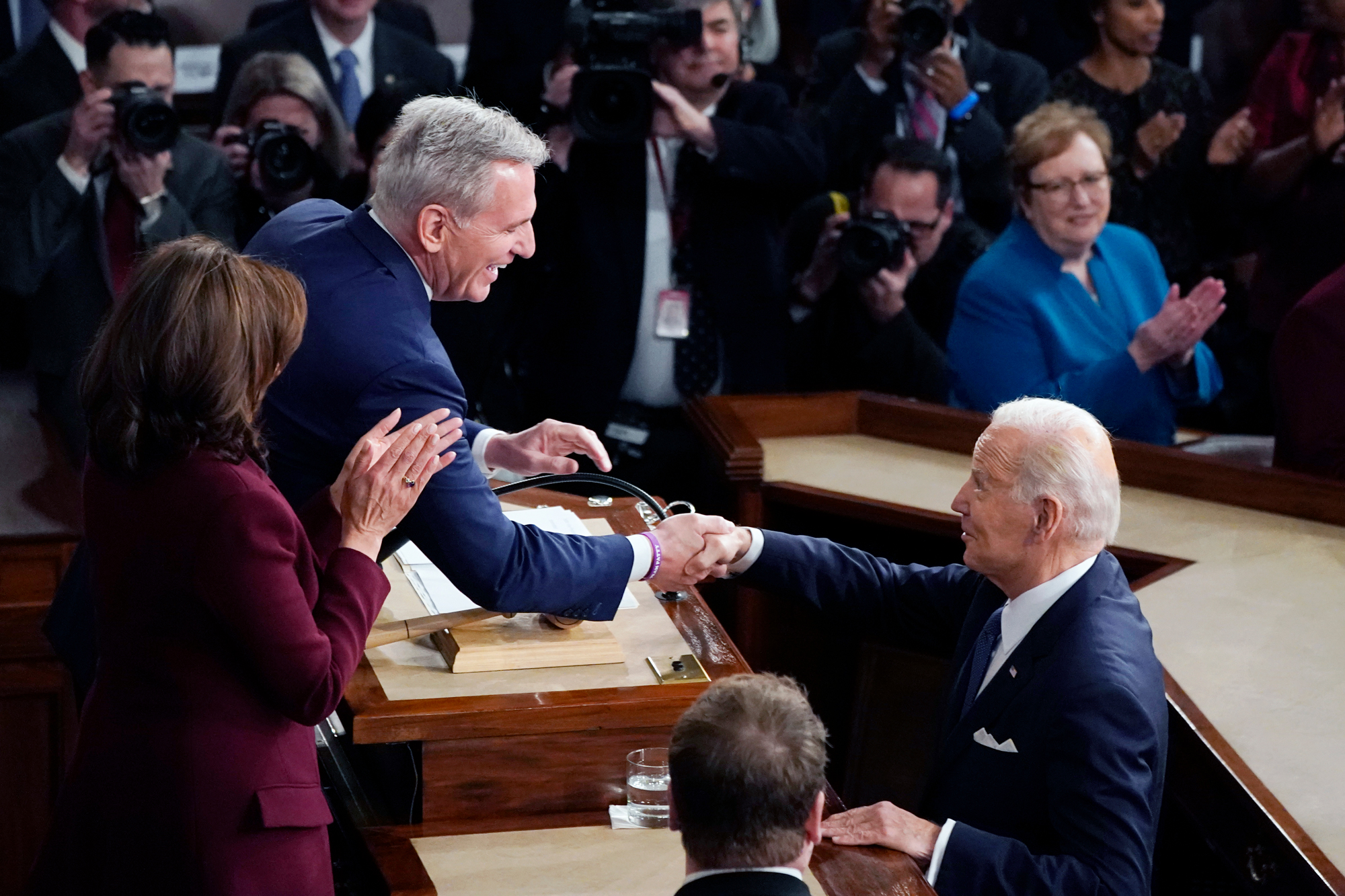 PHOTO: President Joe Biden arrives and shakes hands with House Speaker Kevin McCarthy of Calif., before he delivers his State of the Union speech to a joint session of Congress, at the Capitol in Washington, Feb. 7, 2023.