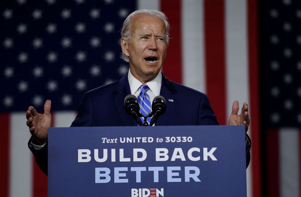 PHOTO: Democratic presidential candidate and former Vice President Joe Biden speaks at a  "Build Back Better" Clean Energy event on July 14, 2020, at the Chase Center in Wilmington, Del.