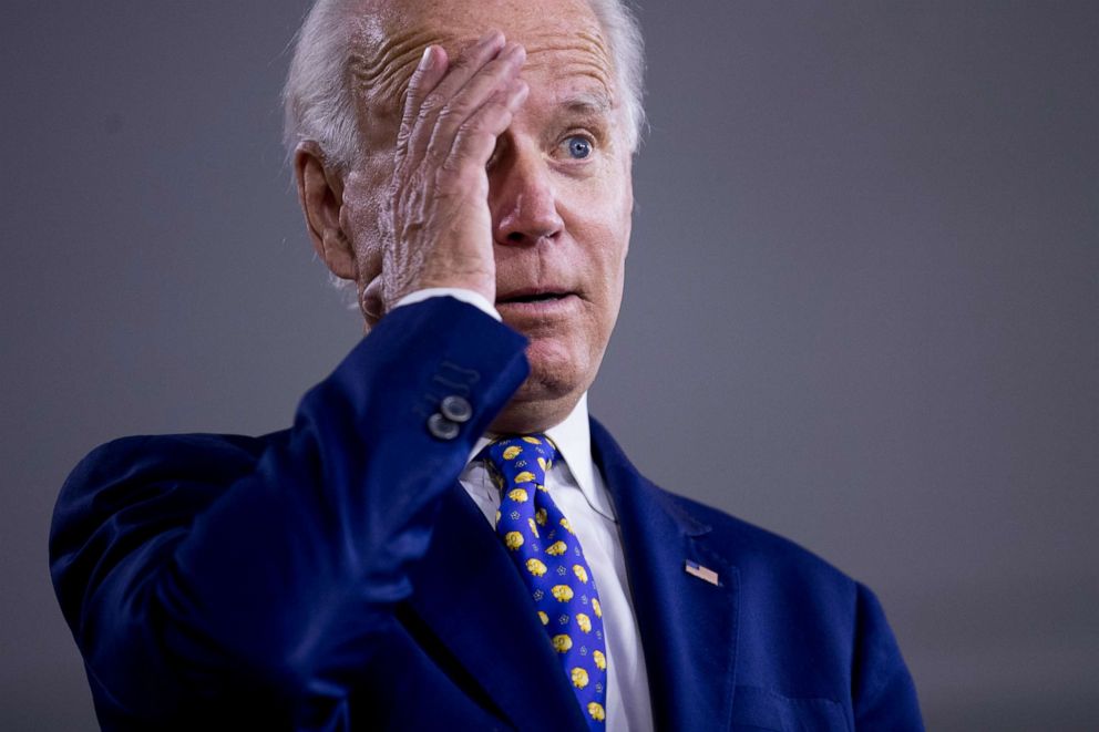 PHOTO: Democratic presidential candidate former Vice President Joe Biden gestures while referencing President Donald Trump at a campaign event at the William "Hicks" Anderson Community Center in Wilmington, Del., Tuesday, July 28, 2020.
