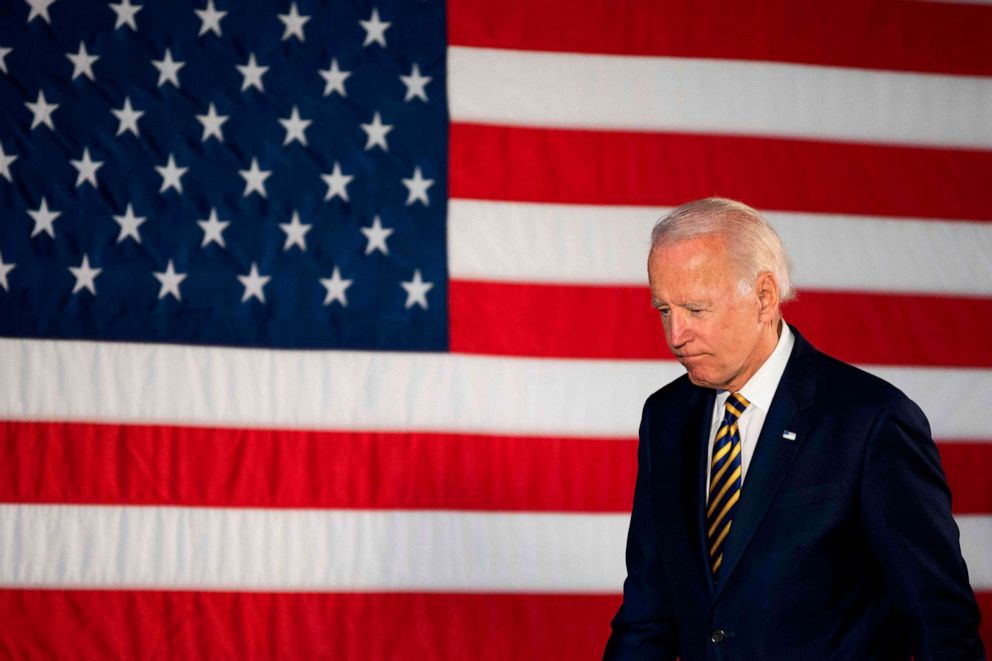 PHOTO: Democratic presidential candidate Joe Biden departs after speaking about reopening the country during a speech in Darby, Pa.