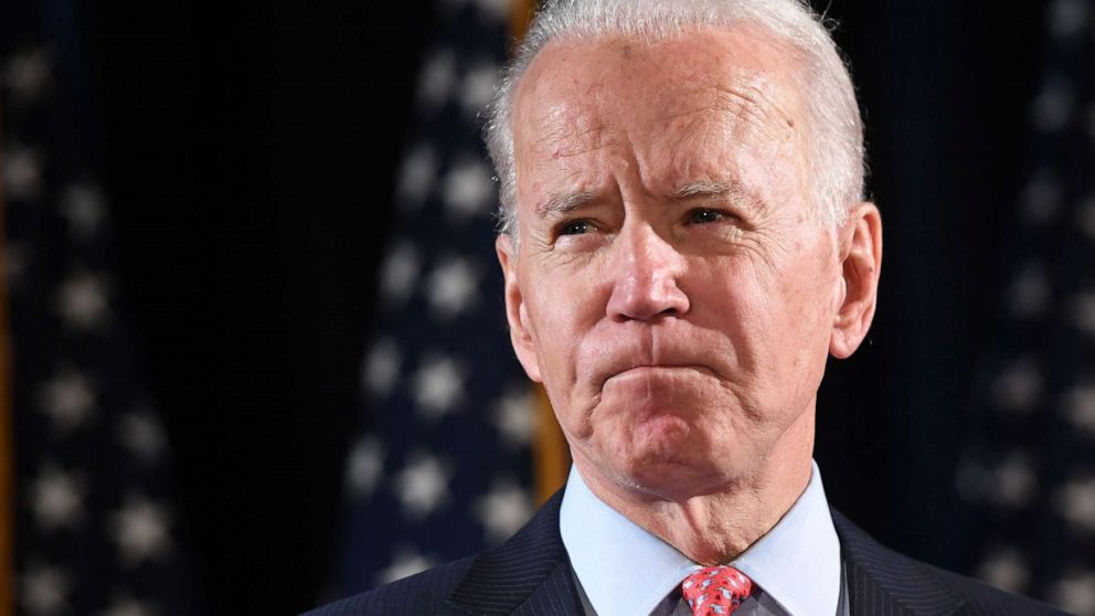 PHOTO: In this file photo taken on March 12, 2020 former vice president and Democratic presidential hopeful Joe Biden speaks about COVID-19 during a press event in Wilmington, Del.